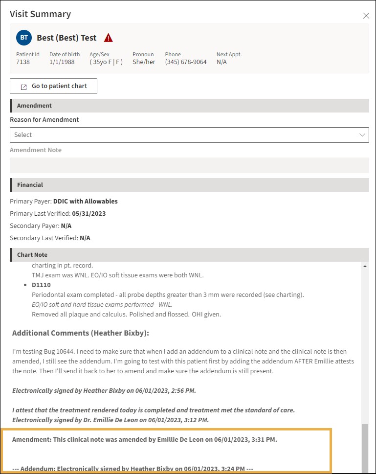 Visit Summary with yellow highlight box around an signed addendum electronic signature.